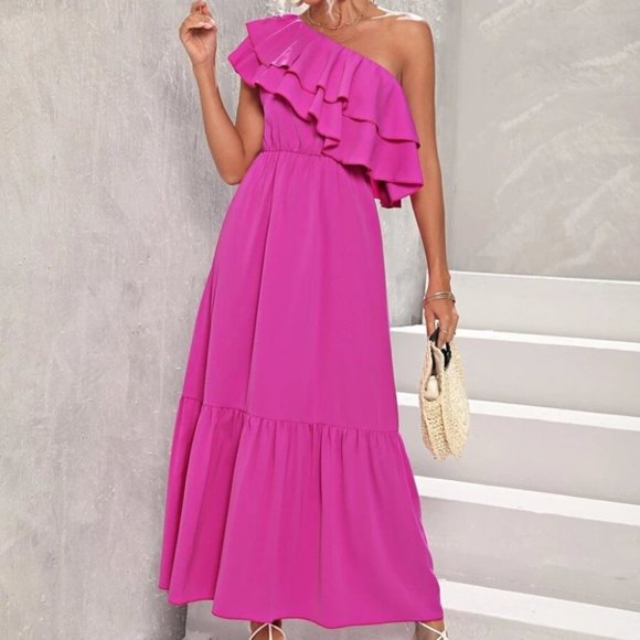 Stunning Pink Ruffled Detailed One Shoulder Maxi Dress - Picture 5 of 5